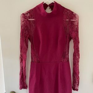Burgundy/red dress, lace sleeves, open back